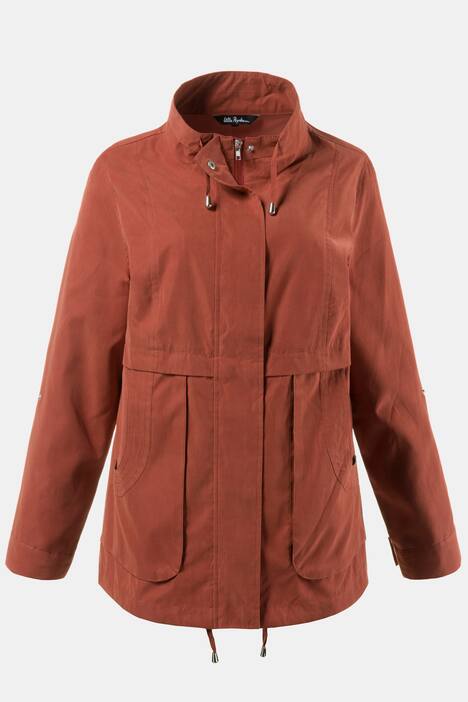Veste, col droit, zip invisible, manches longues retroussables, base avec cordon
