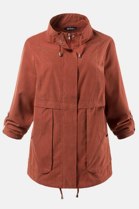 Veste, col droit, zip invisible, manches longues retroussables, base avec cordon