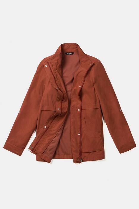Veste, col droit, zip invisible, manches longues retroussables, base avec cordon