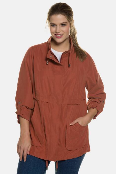 Veste, col droit, zip invisible, manches longues retroussables, base avec cordon