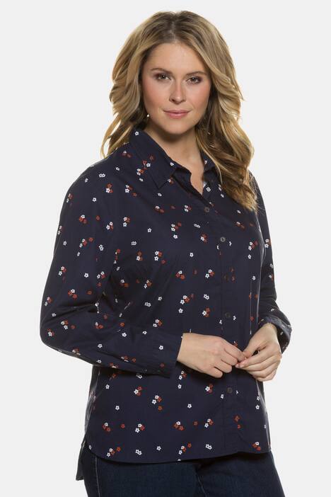 Hemdbluse, Blütenmuster, hinten länger, reine Baumwolle