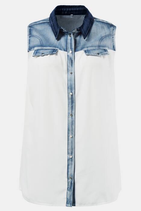 Bluse, Plissee-Rücken, Denimeinsatz, Druckknöpfe