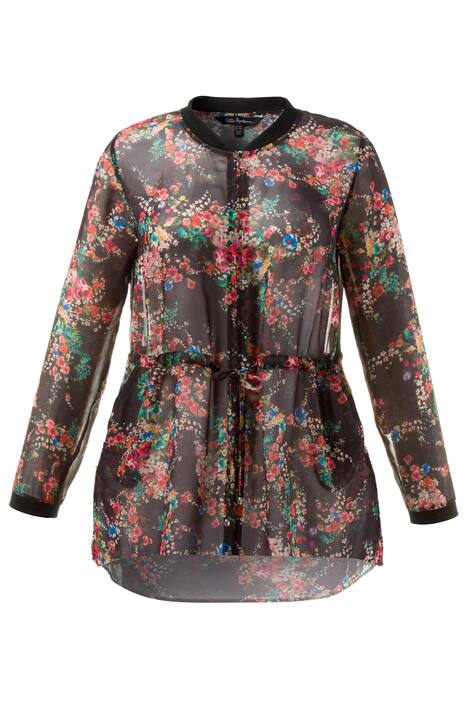 Rose Print Tie Sheer Curved Hem Long Sleeve Blouse