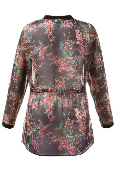 Rose Print Tie Sheer Curved Hem Long Sleeve Blouse