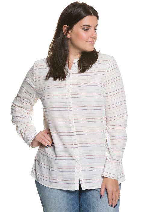 Stripe Button Front Curved Hem Long Sleeve Blouse