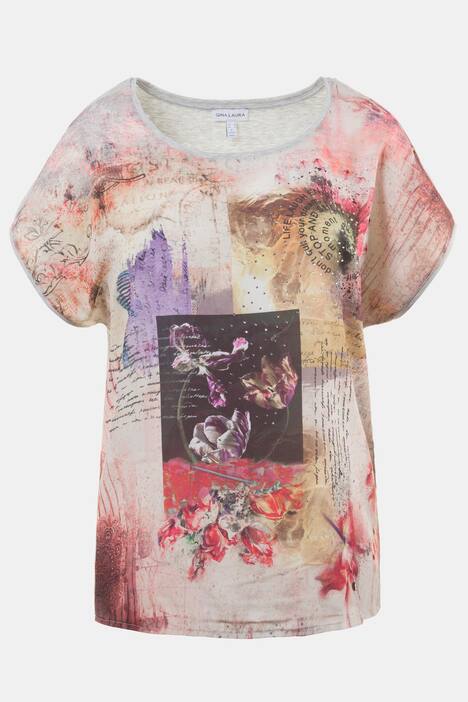 Shirt, Strass, floraler Frontprint, überschnittene Schultern