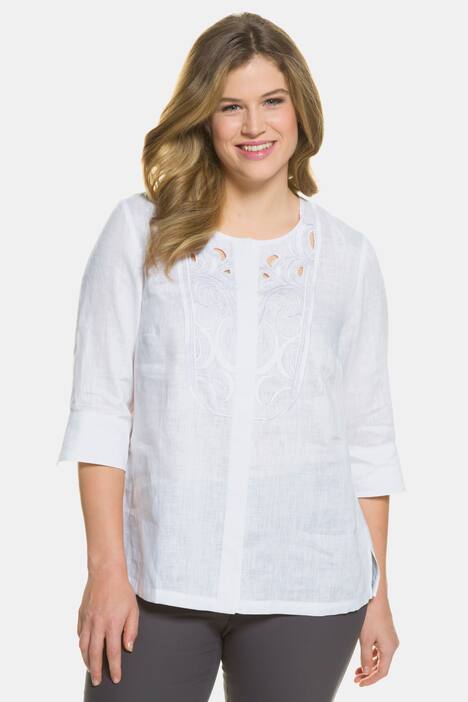 Embroidered Yoke Round Neck Linen Blouse