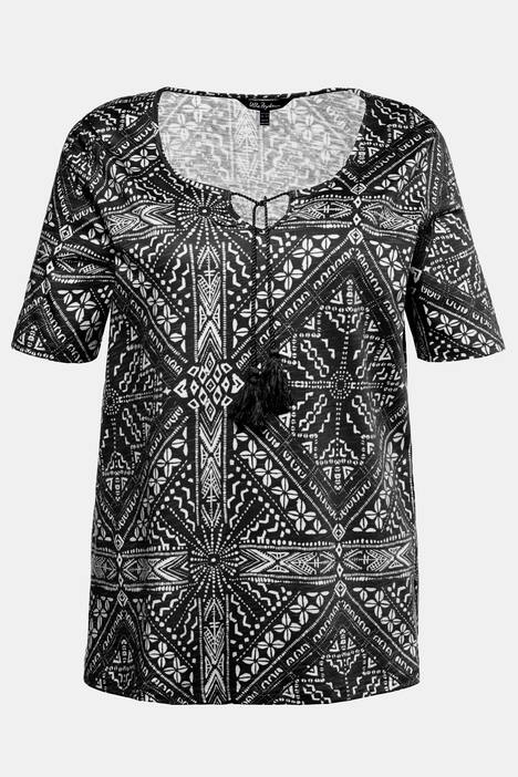 Medallion Print Tassel Short Sleeve Cotton Tee