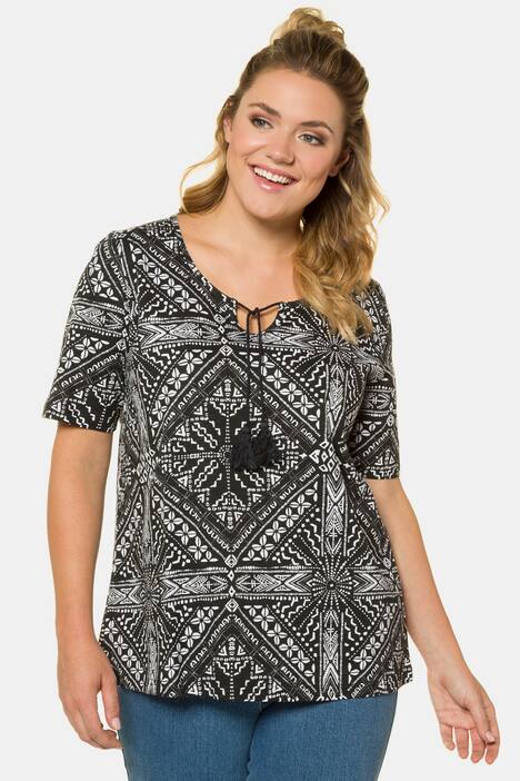 Medallion Print Tassel Short Sleeve Cotton Tee