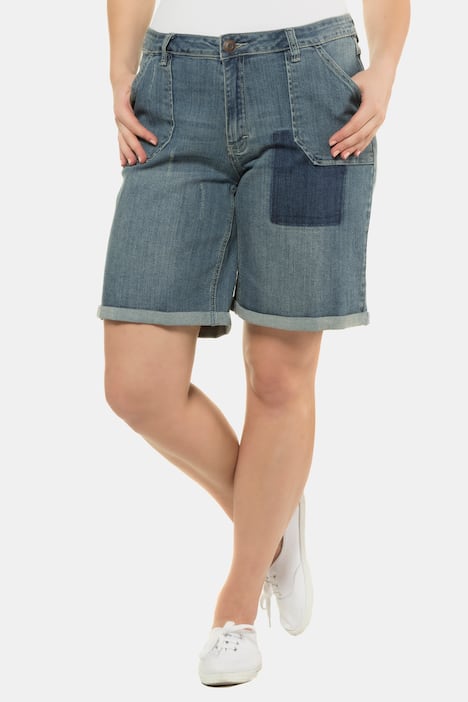 Denim Patch Cuffed Stretch Boyfriend Fit Shorts