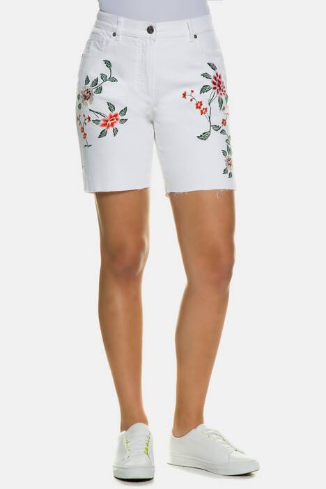 Jeansshorts, Blütenstickerei, Destroy-Effekte, Fransensaum