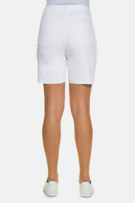 Jeansshorts, Blütenstickerei, Destroy-Effekte, Fransensaum