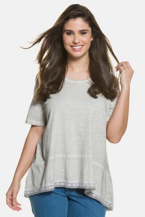 Lace Trim Curved Hem A-line Fit Cotton Tee
