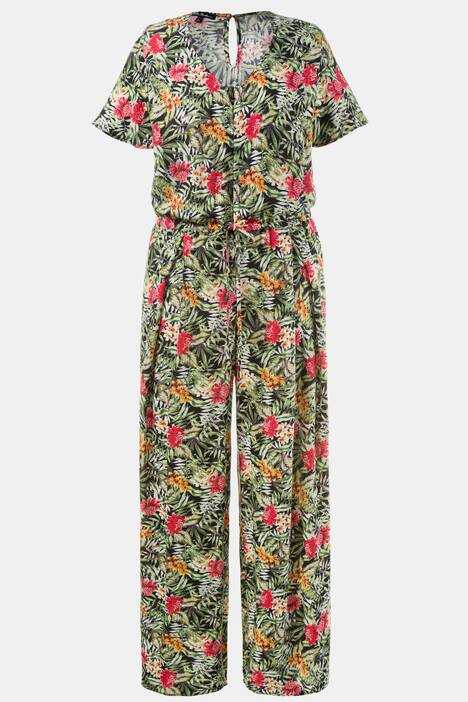Floral Fern Print Short Sleeve Viscose Jumpsuit