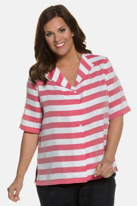 Fold Collar Button Front Stripe Blouse