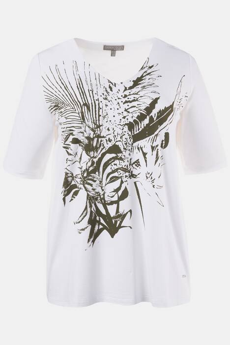 Abstract Floral V-Neck Short Sleeve Stretch Knit Top