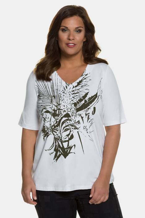 Abstract Floral V-Neck Short Sleeve Stretch Knit Top