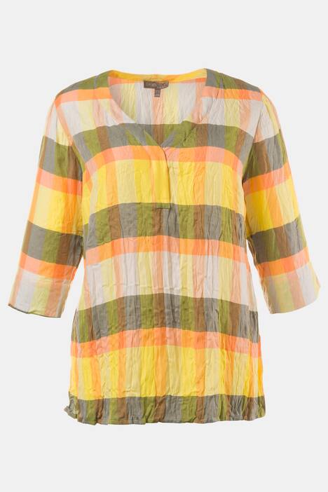 Safari Tones Plaid V-Neck Crinkle Blouse