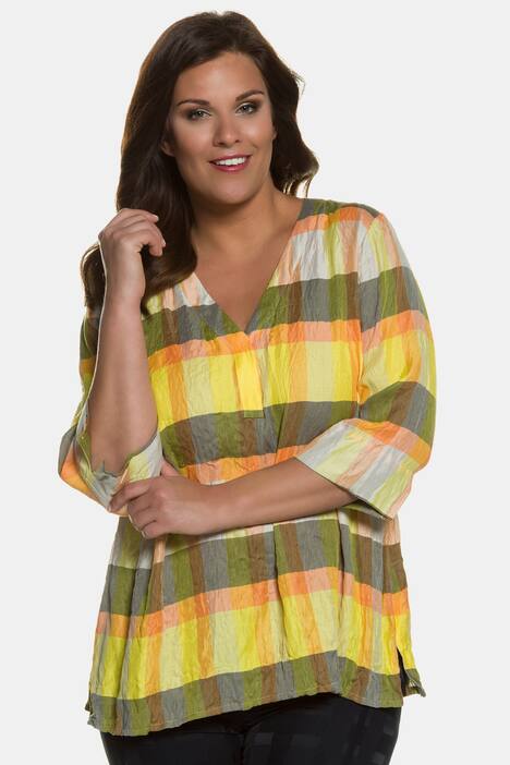 Safari Tones Plaid V-Neck Crinkle Blouse