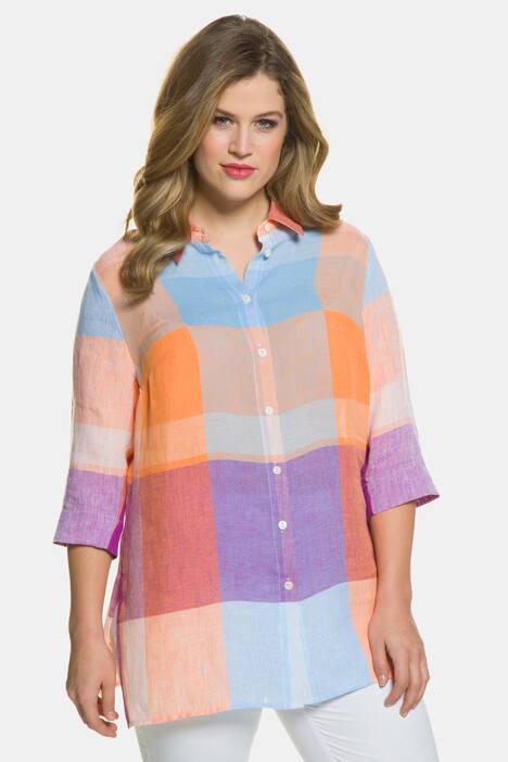 Pastel Plaid Button Front Linen Blouse