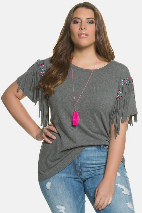 T-Shirt, Ethnoborte, Oversized, lange Jerseyfransen