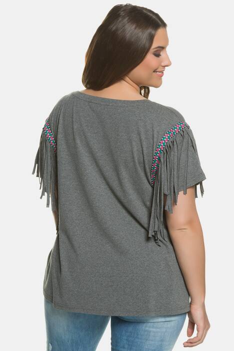 T-Shirt, Ethnoborte, Oversized, lange Jerseyfransen