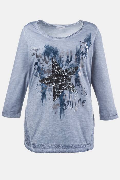 Shirt, Pailletten-Stern, Spitzeneinsätze, 3/4 Arm, Rundhals
