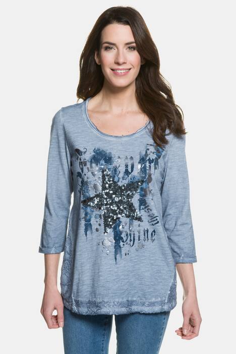 Shirt, Pailletten-Stern, Spitzeneinsätze, 3/4 Arm, Rundhals