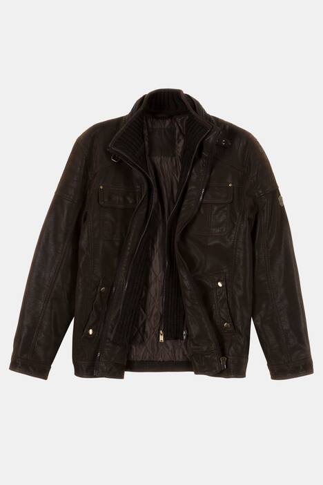 Leder-Optikjacke, Biker, Stehkragen, Zipper, Steppfutter