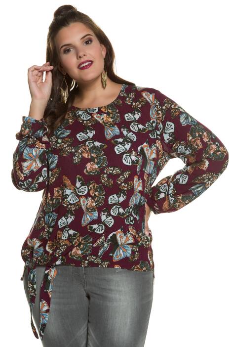 Butterfly Print Round Neck Long Sleeve Blouse