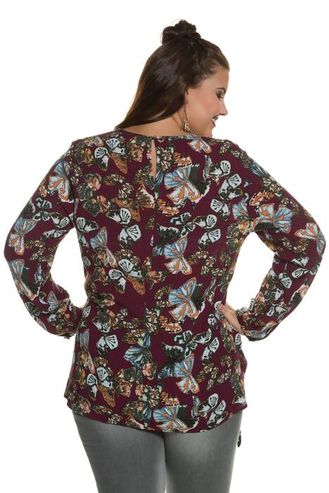 Butterfly Print Round Neck Long Sleeve Blouse
