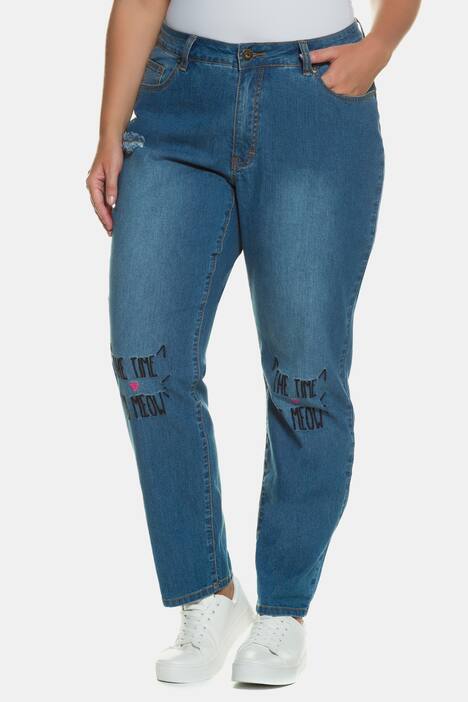 Embroidered Knee 5 Pocket Girlfriend Fit Stretch Jeans