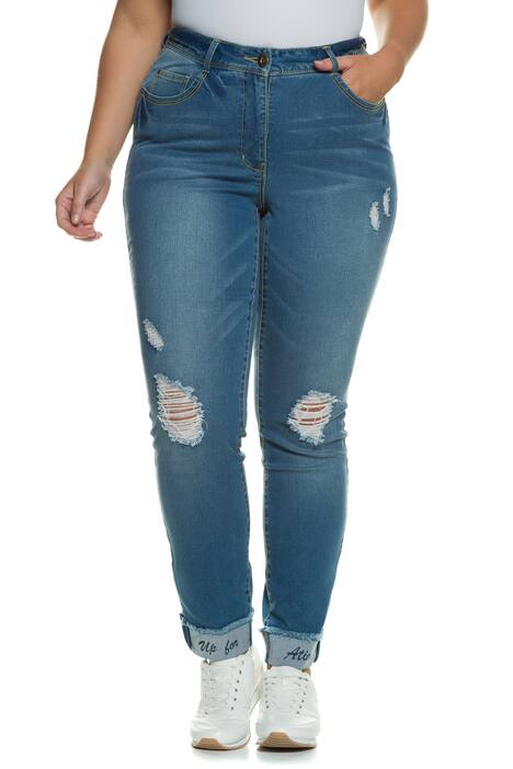 Skinnyhose, Destroy-Look, bedruckter Saum, gelbe Nähte