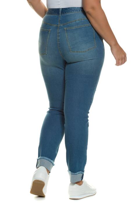 Skinnyhose, Destroy-Look, bedruckter Saum, gelbe Nähte