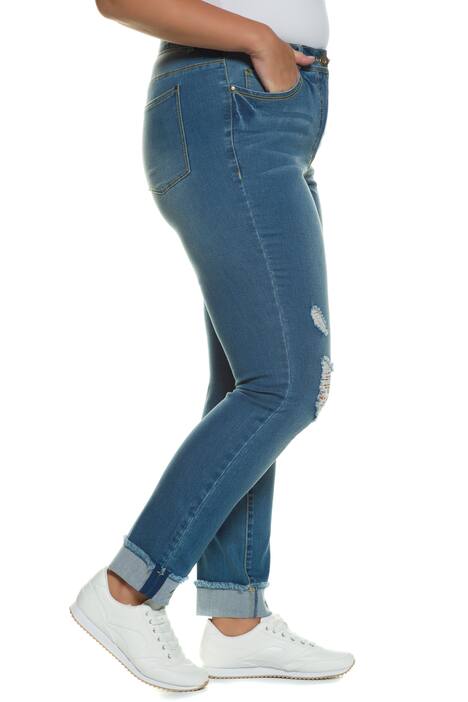 Skinnyhose, Destroy-Look, bedruckter Saum, gelbe Nähte