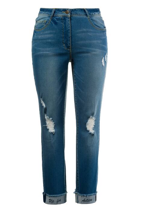Skinnyhose, Destroy-Look, bedruckter Saum, gelbe Nähte