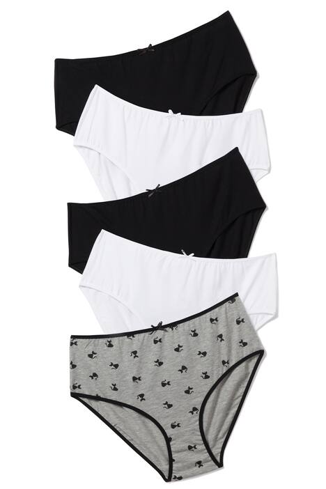 5 Pack of Cotton Stretch Panties - Cat, Black, White