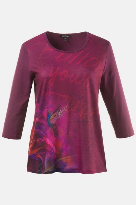 Shirt, Schrift-/Vogelmotiv, Ziersteine, 3/4-Arm
