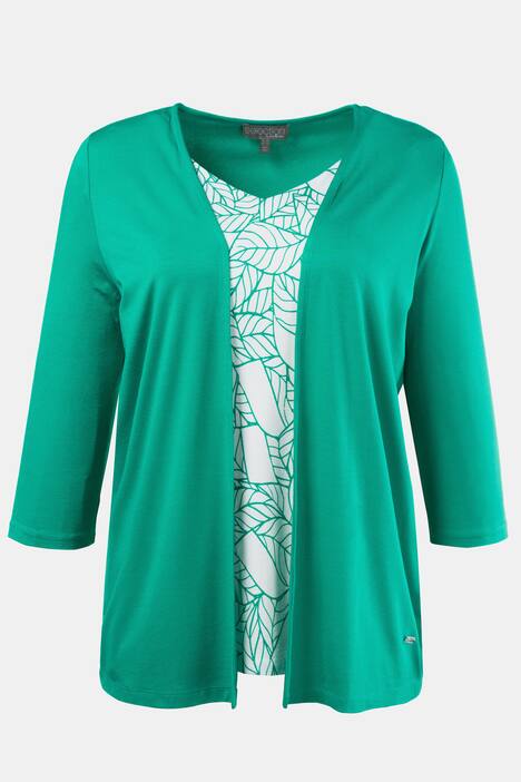 Leaf Print Inset 2 in 1 Knit Three Quarter Sleeve Top