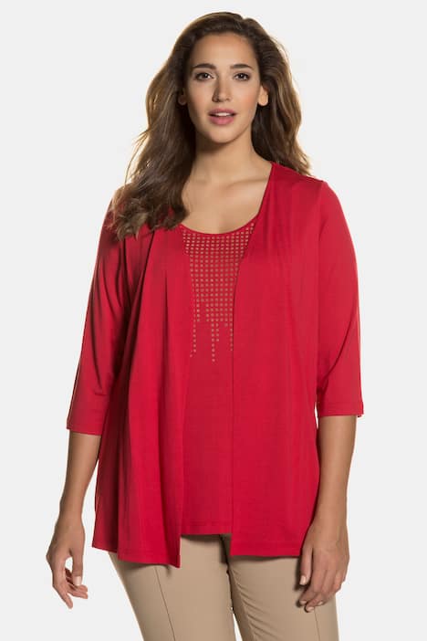 2 in 1 Inset Flock Dot Print Three Quarter Sleeeve Knit Top