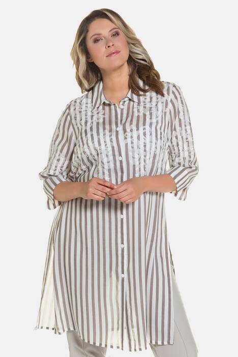 Longbluse, Streifen, Stickerei, 3/4-Arm