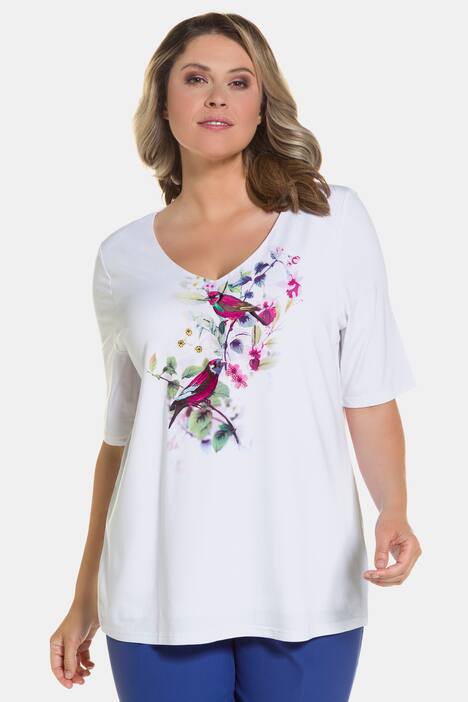 Embroidery Bird Design Classic Fit Stretch Knit Top