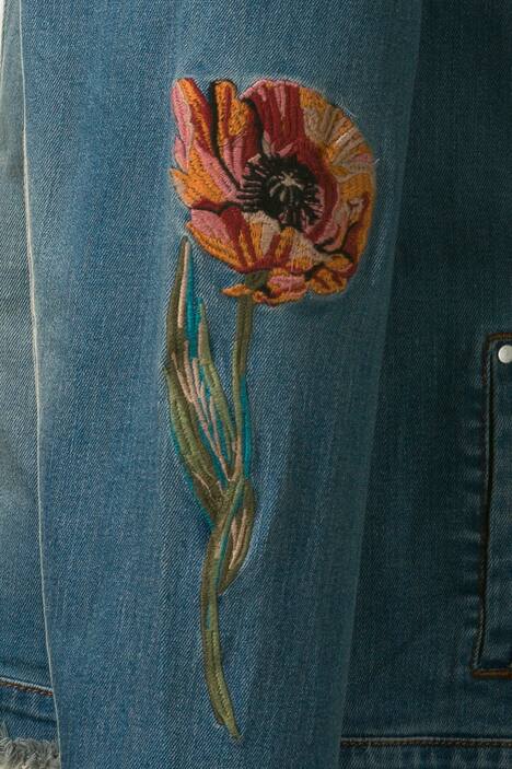 Jeansjacke, Blüten- / Kolibri-Stickereien, Fransensaum