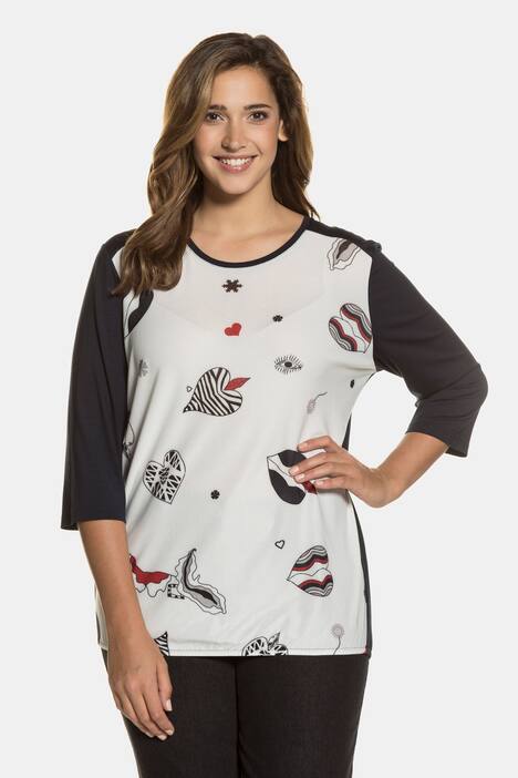 Abstract Heart Front Print Three Quarter Sleeve Top
