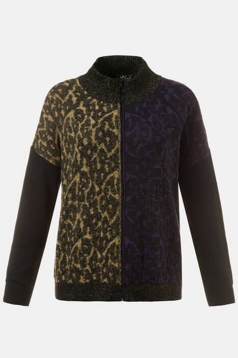 Cardigan, Metallic-Effekt, Jacquard-Strick, Stehkragen