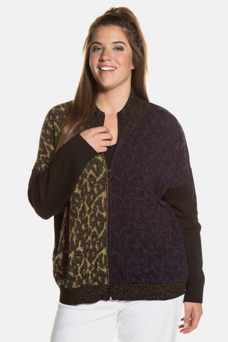 Cardigan, Metallic-Effekt, Jacquard-Strick, Stehkragen