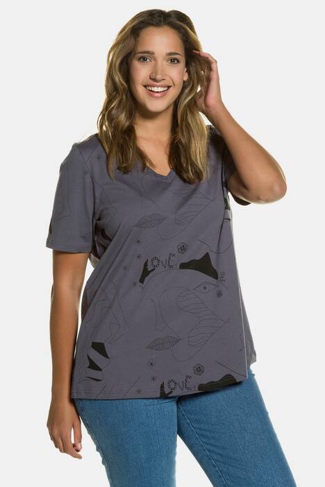 T-Shirt, Grafikmuster, V-Ausschnitt, reine Baumwolle