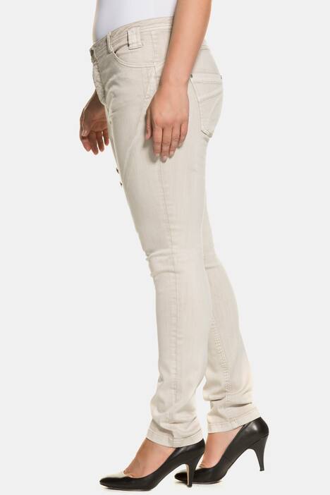 Jeans, Curvy, Zierknöpfe, weite Oberschenkel, cold dyed