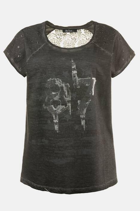 T-Shirt, Metallicdruck, Pailletten, Rücken aus Spitze