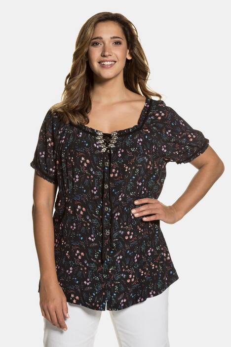 Dirndl Floral Print Viscose Short Sleeve Blouse